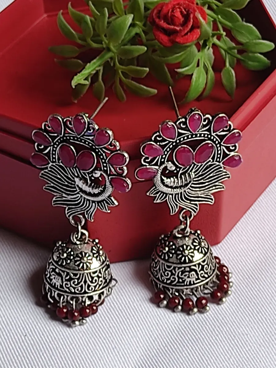 Elegant Ruby And Maroon Beaded Oxidized Jhumka Earrings