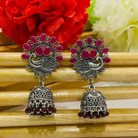 Elegant Ruby And Maroon Beaded Oxidized Jhumka Earrings