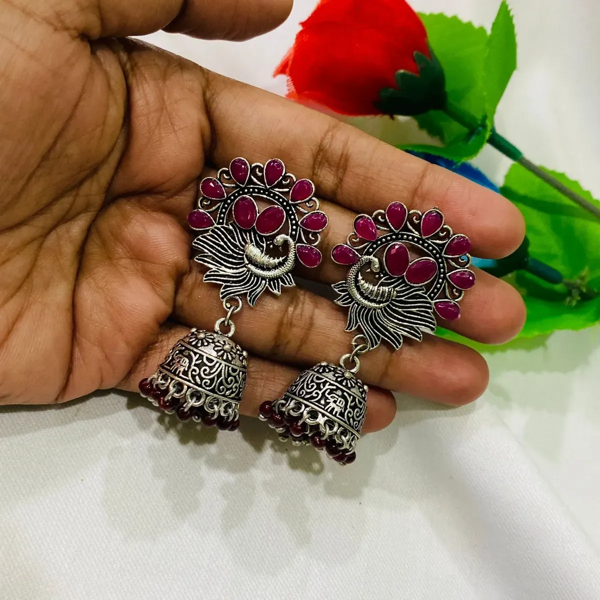 Elegant Ruby And Maroon Beaded Oxidized Jhumka Earrings