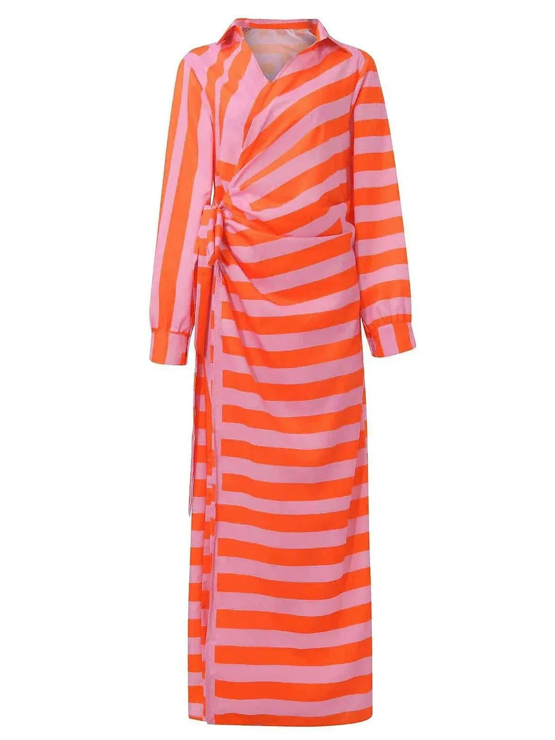 Elegant Women's Bodycon Maxi Shirt Dress with Boho Collar and Split Sleeves in Purple, Orange, and Green