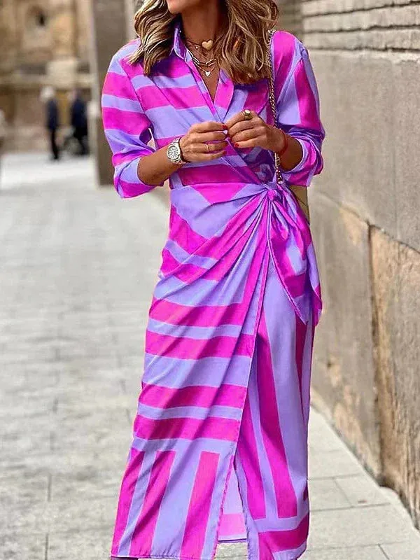 Elegant Women's Bodycon Maxi Shirt Dress with Boho Collar and Split Sleeves in Purple, Orange, and Green