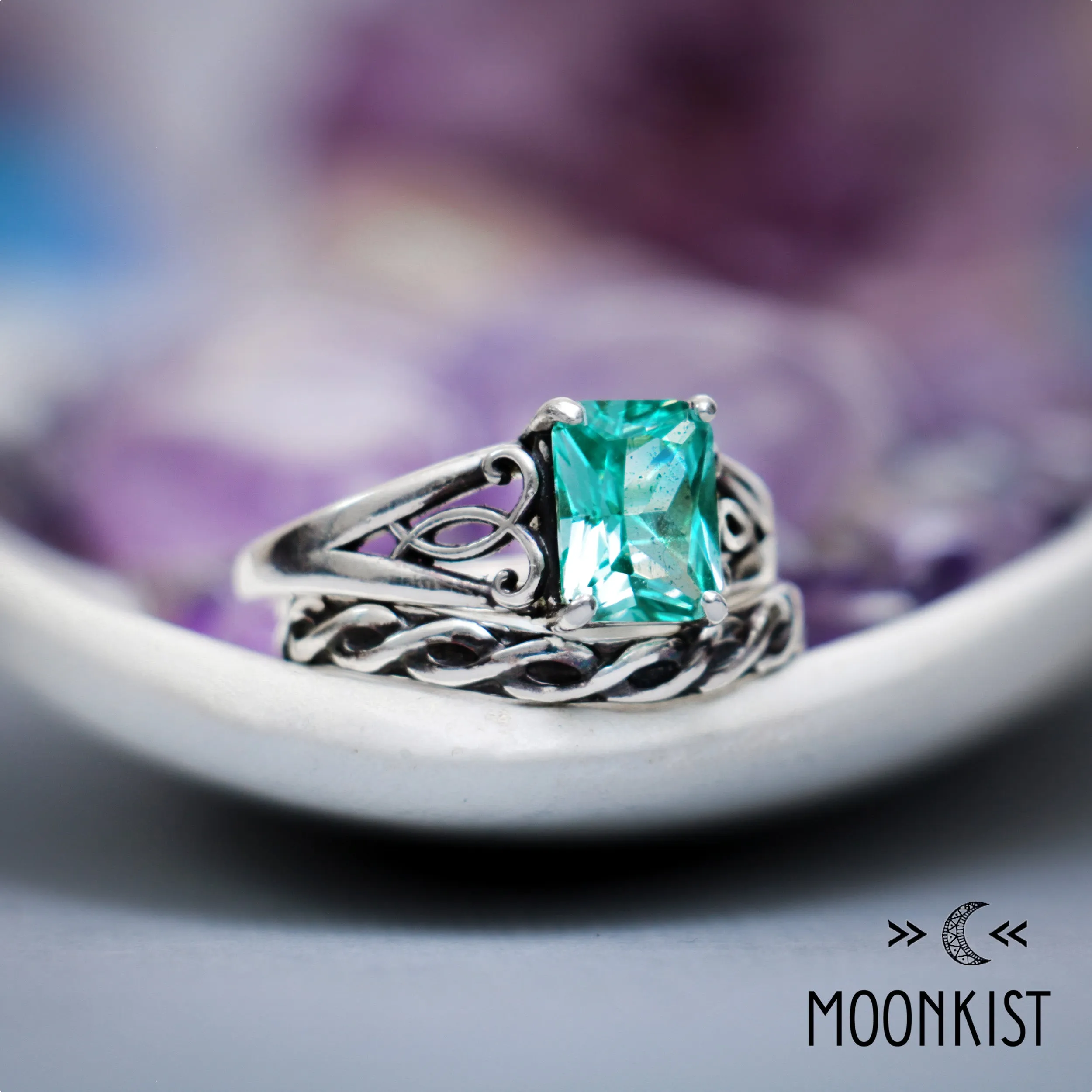 Emerald Cut Celtic Bridal Ring Set | Moonkist Designs