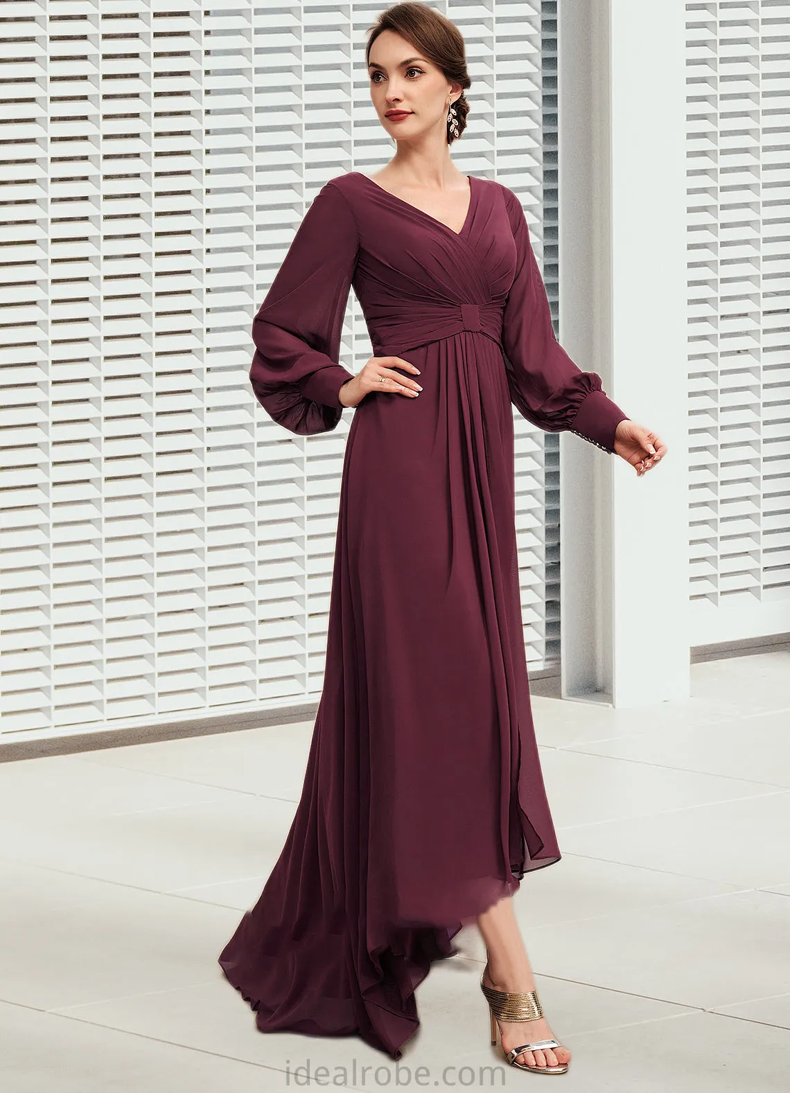 Fernanda A-Line V-neck Asymmetrical Chiffon Mother of the Bride Dress With Ruffle STK126P0014732