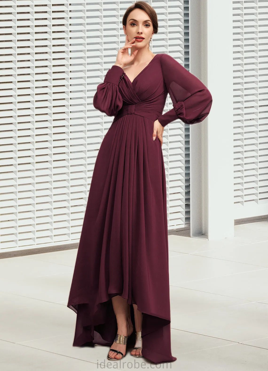 Fernanda A-Line V-neck Asymmetrical Chiffon Mother of the Bride Dress With Ruffle STK126P0014732