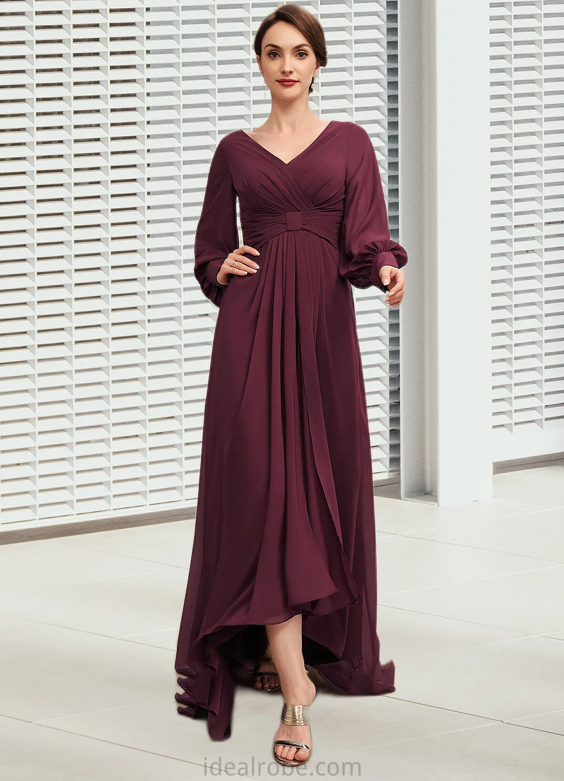 Fernanda A-Line V-neck Asymmetrical Chiffon Mother of the Bride Dress With Ruffle STK126P0014732