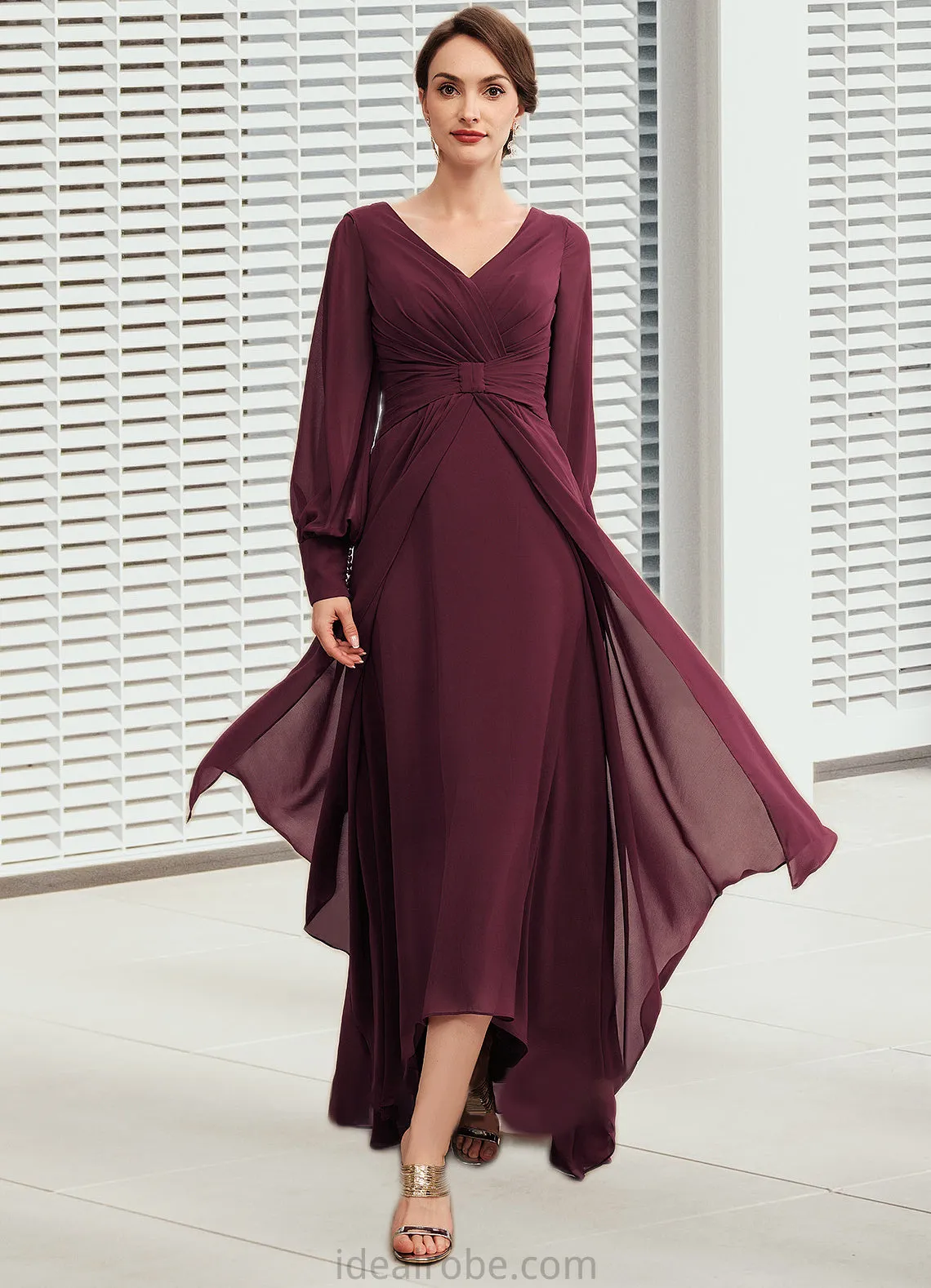 Fernanda A-Line V-neck Asymmetrical Chiffon Mother of the Bride Dress With Ruffle STK126P0014732