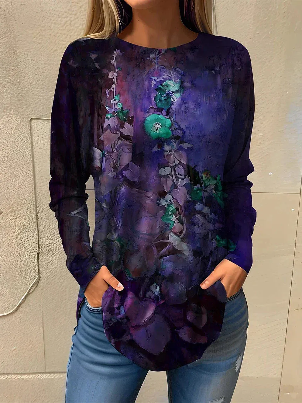 Floral Print Long Sleeve Women's T-Shirt: Blue, Purple, and Green