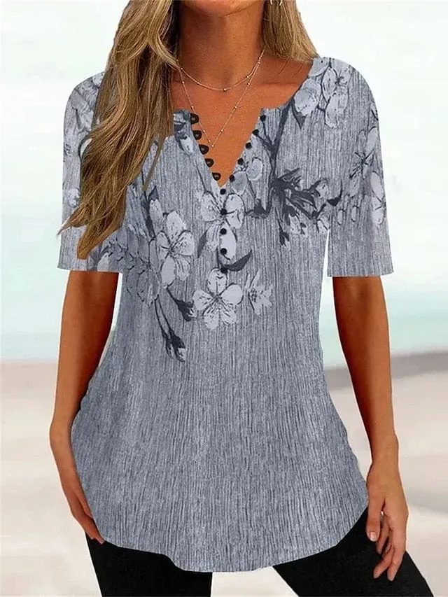 Floral Print Vintage Tunic Henley Shirt for Women - Red Green Gray Casual Tee