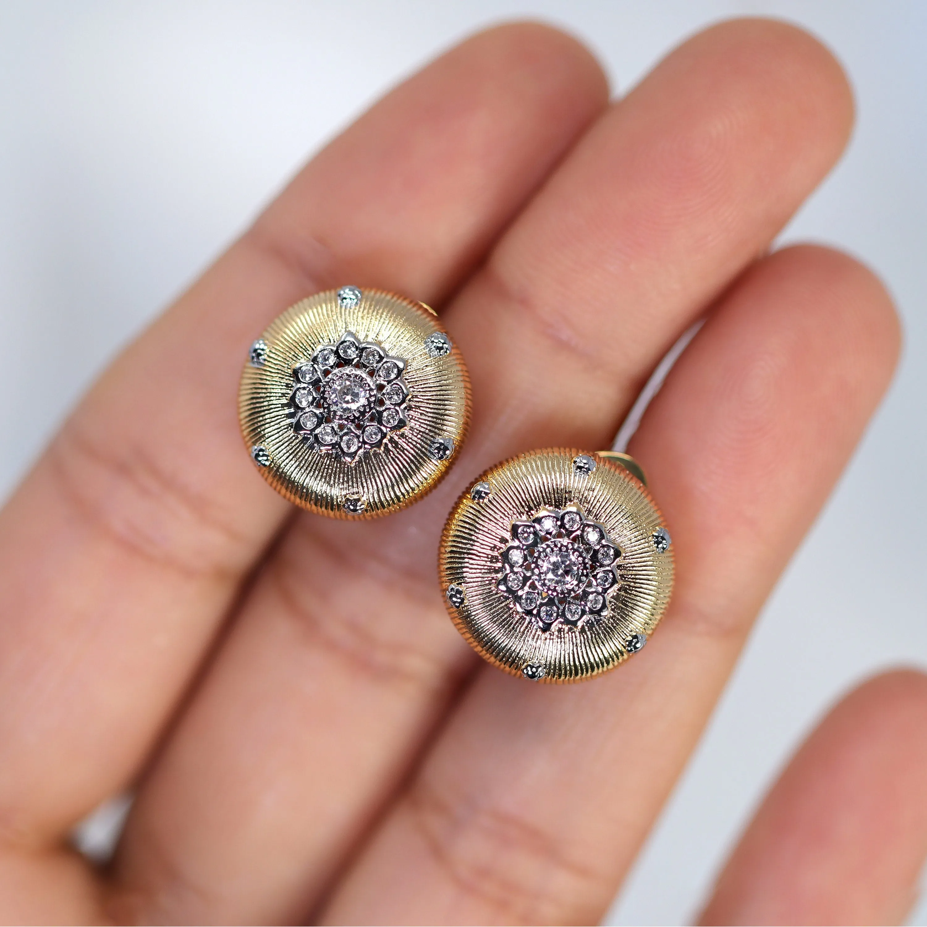 Floral Two Tone Rhinestone Paved Circle stud Earrings, Bridal Jewelry, Bridal Stud Earrings, Crystal Bridal Earrings, Statement Earrings Cz