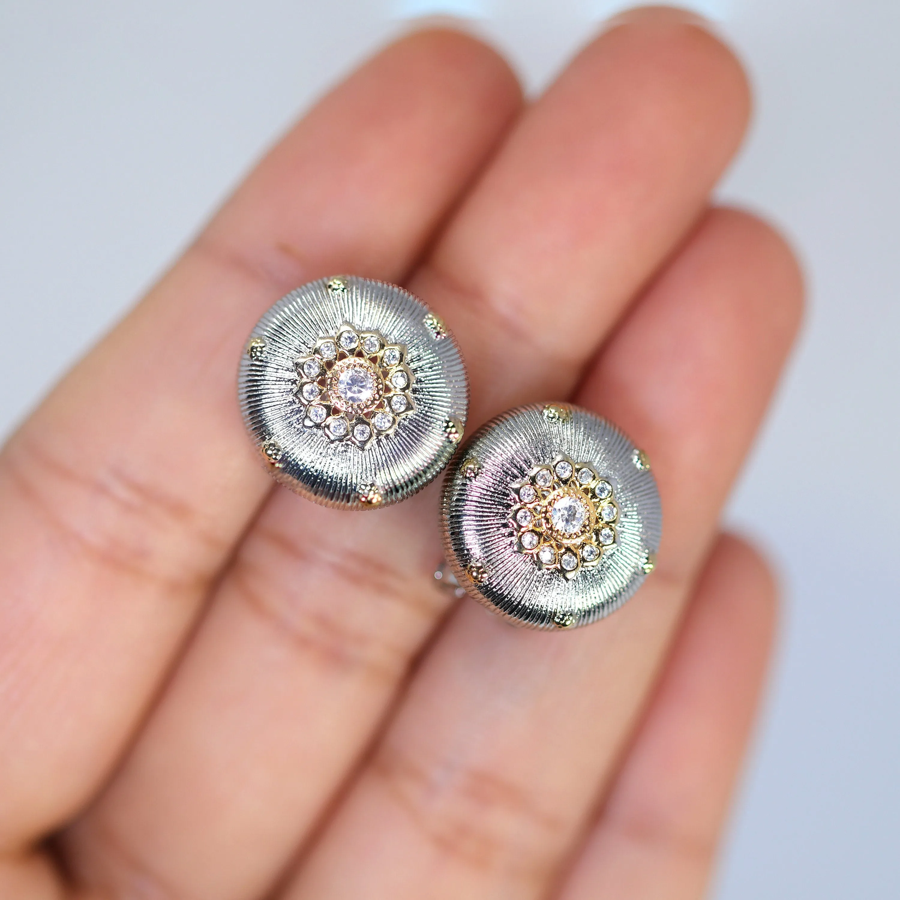 Floral Two Tone Rhinestone Paved Circle stud Earrings, Bridal Jewelry, Bridal Stud Earrings, Crystal Bridal Earrings, Statement Earrings Cz