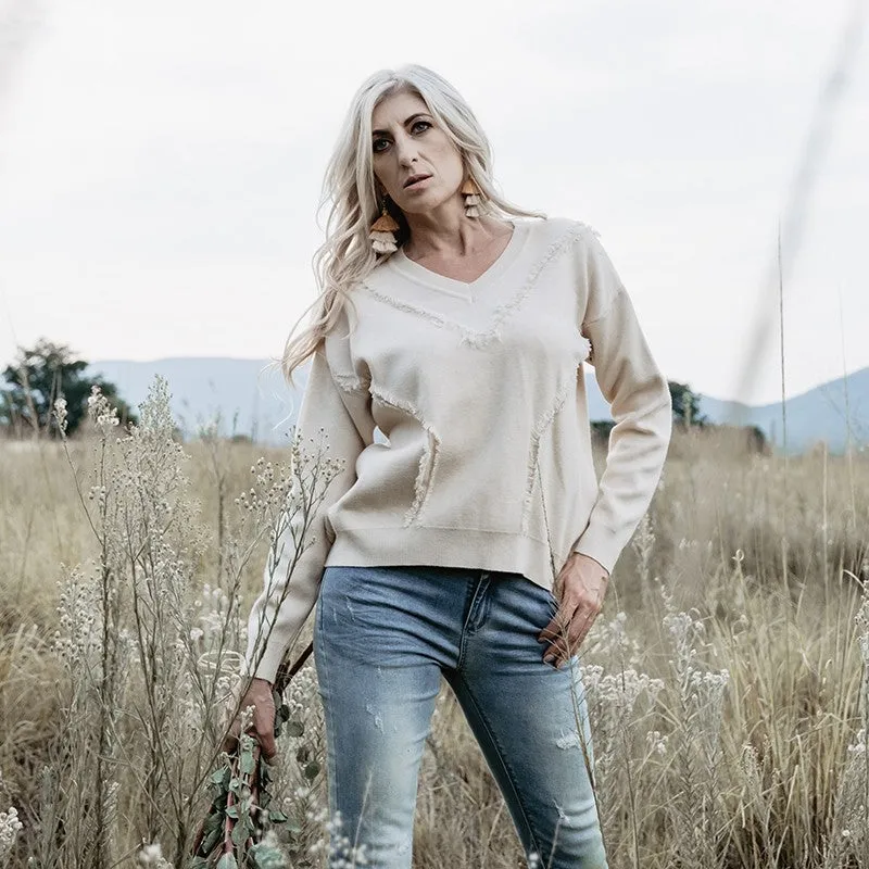 Fray V Neck Long Sleeve Knit