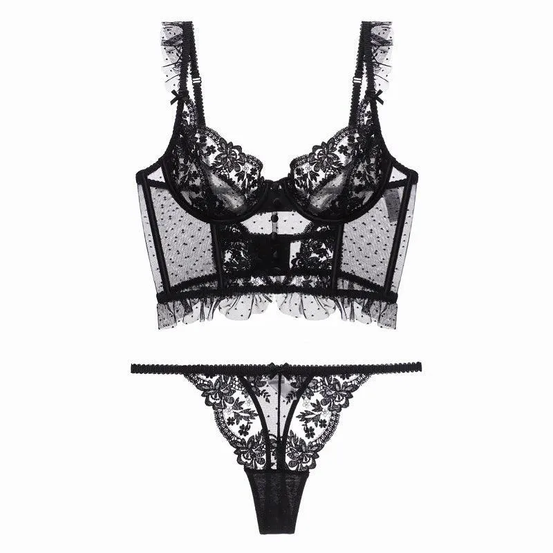 Gathering Beauty Back Sheer Embroidered Lace Bra Ladies Panty Set