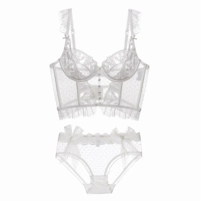 Gathering Beauty Back Sheer Embroidered Lace Bra Ladies Panty Set