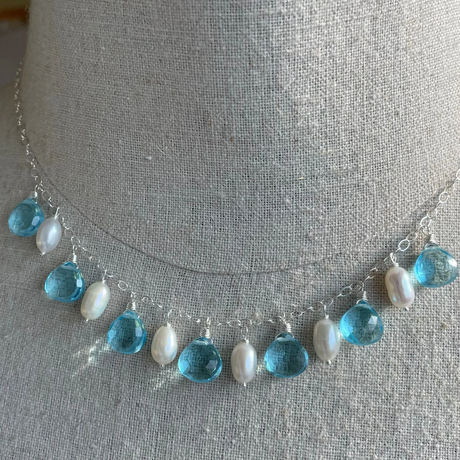 Gilded Age Topaz Blue and Pearl Necklace