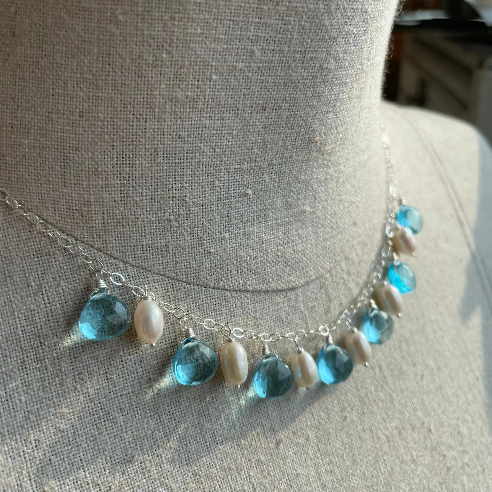 Gilded Age Topaz Blue and Pearl Necklace