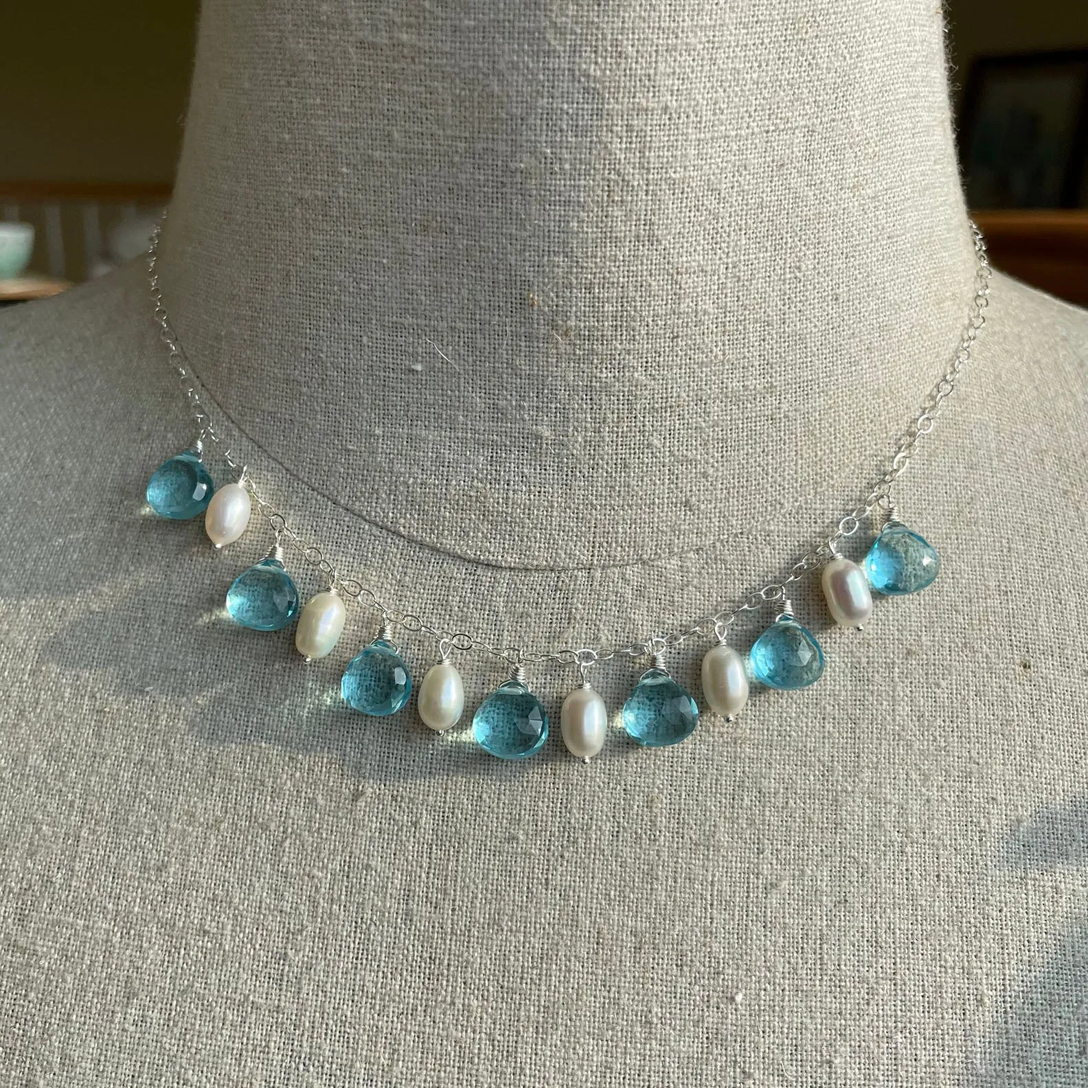 Gilded Age Topaz Blue and Pearl Necklace