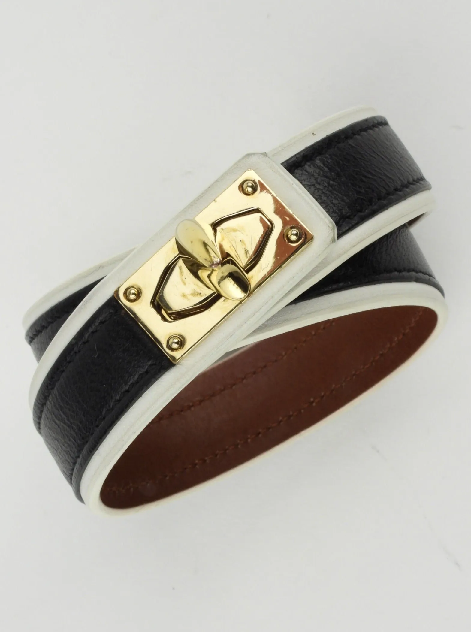 Givenchy Black and White Leather Goldtone Shark Tooth Twist Lock Double Wrap Beacelet - M