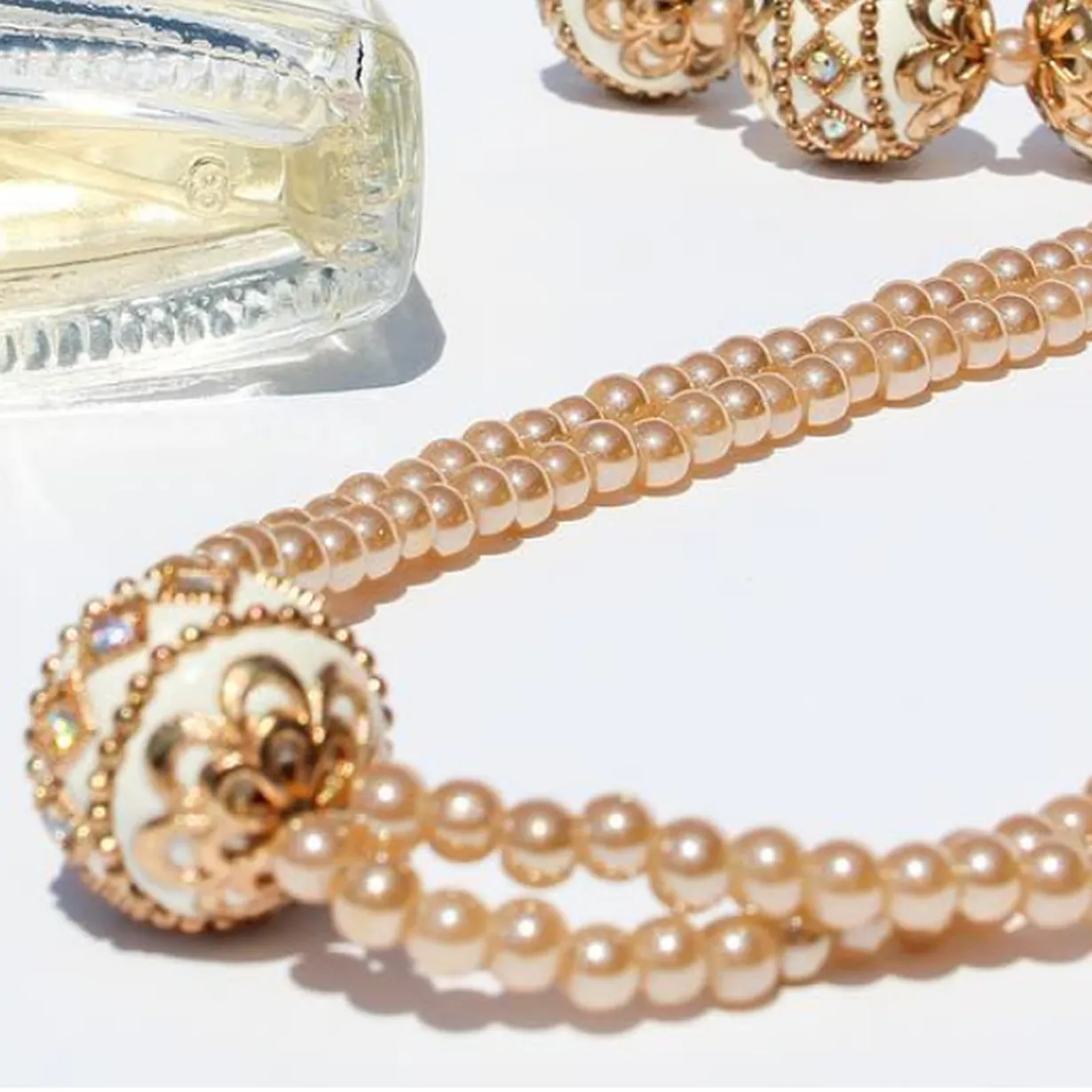 Gold Beaded Champagne Pearl  Champagne Pearl Necklace