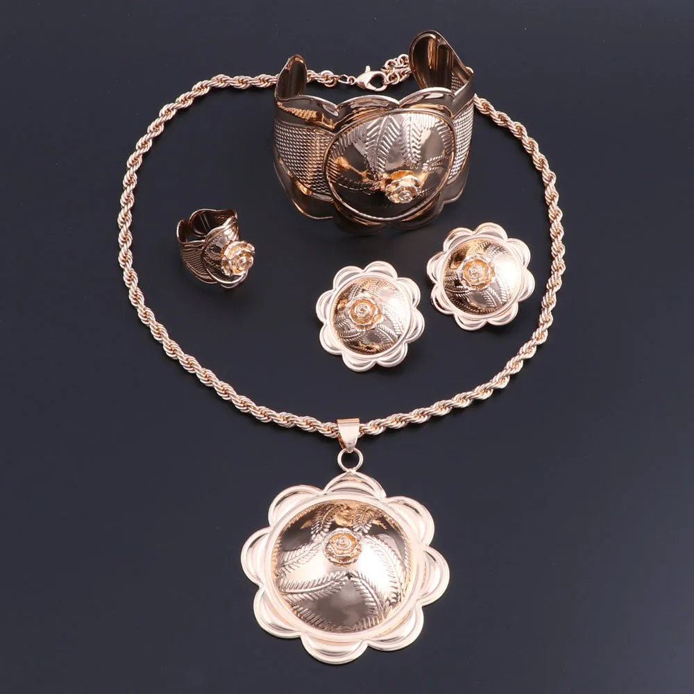 Gold-Plated Flower Cup Necklace, Bracelet, Earrings & Ring Wedding Statement Jewelry Set