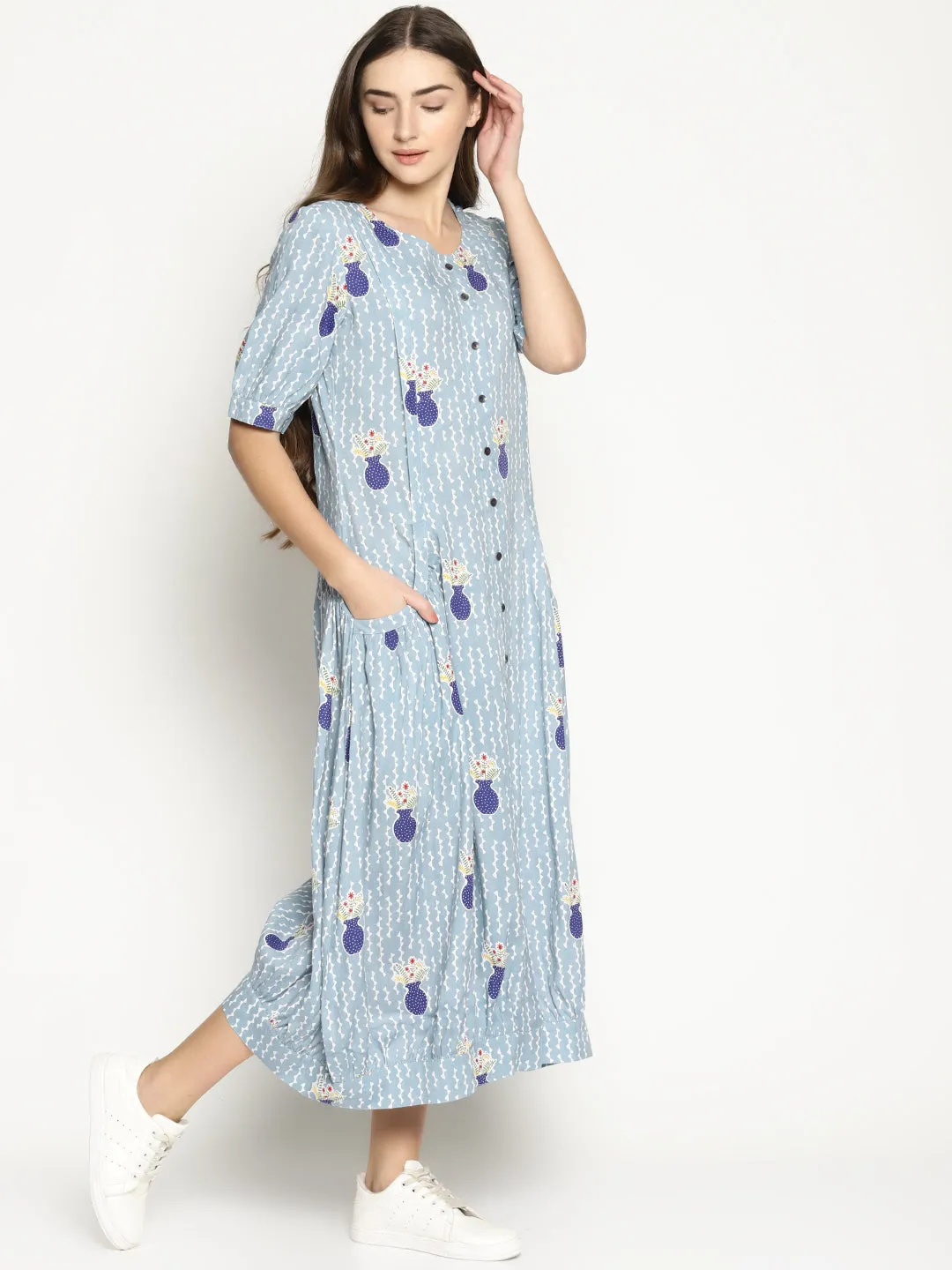 Grey Vase Printed Jhabla Dress