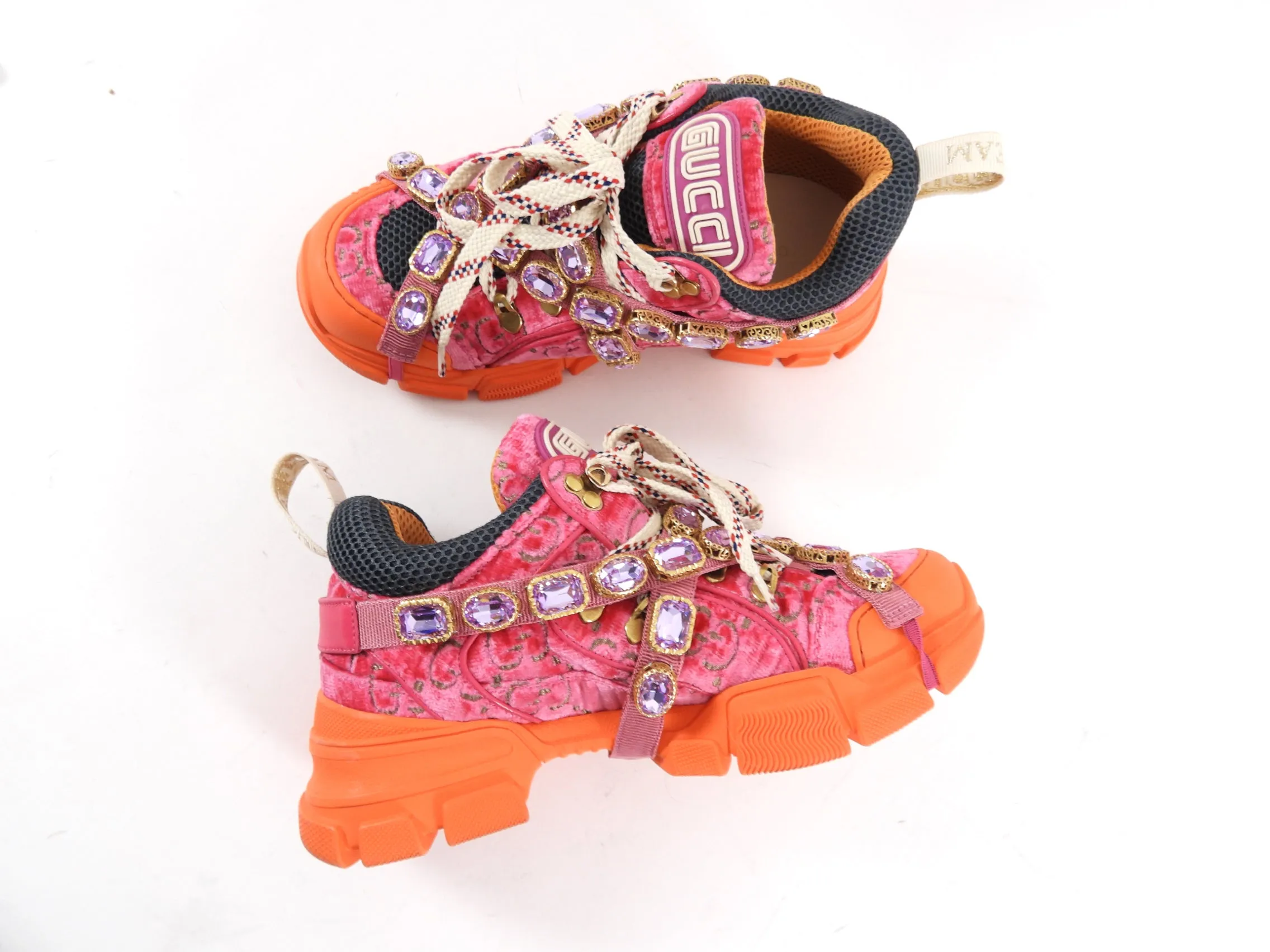 Gucci Pink Velvet and Orange Flashtrek Sneakers - 38.5 / 8