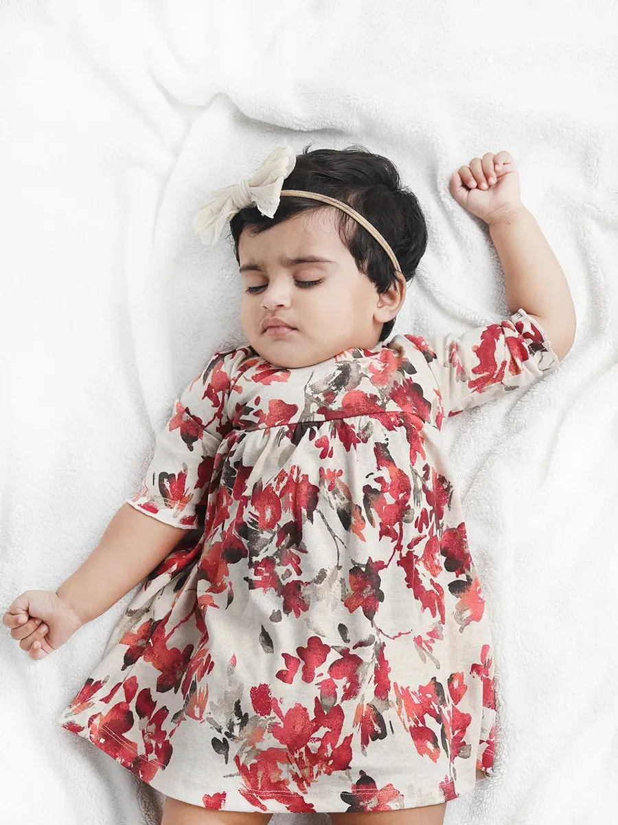 Half sleeve red flower pattern in white floral gown for baby girls