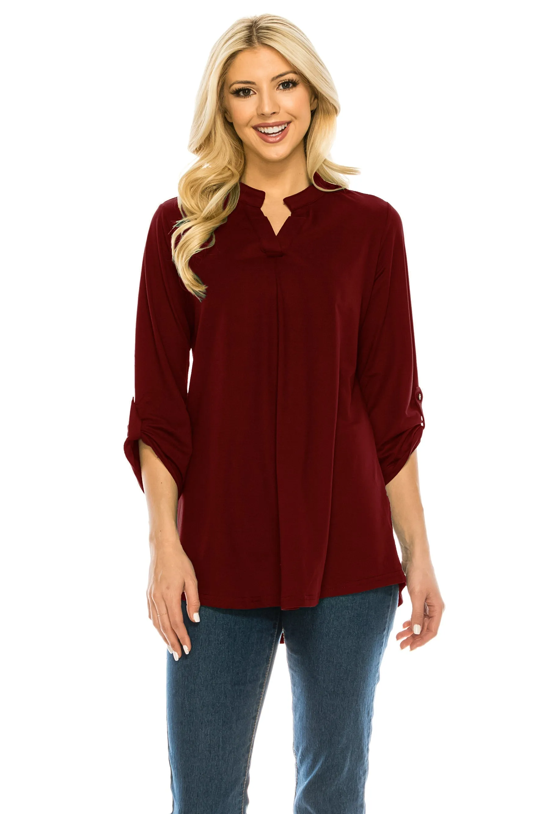 Haute Edition Women's 3/4 Sleeve Tunic Tops S-3X Solid. Plus size available.