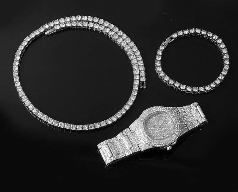 Iced Out Chain   Watch Bracelet Rhinestone Bling Crystal Tennis Chain Set For Men