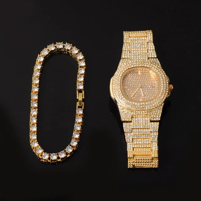 Iced Out Chain   Watch Bracelet Rhinestone Bling Crystal Tennis Chain Set For Men