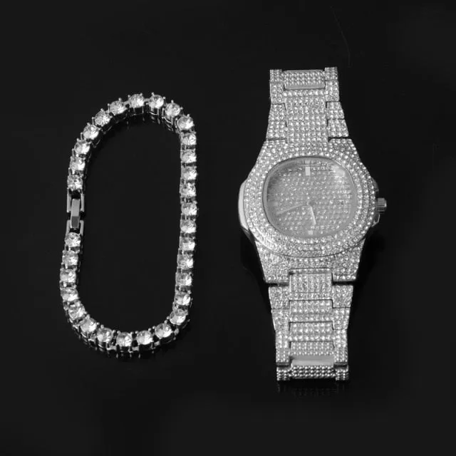 Iced Out Chain   Watch Bracelet Rhinestone Bling Crystal Tennis Chain Set For Men