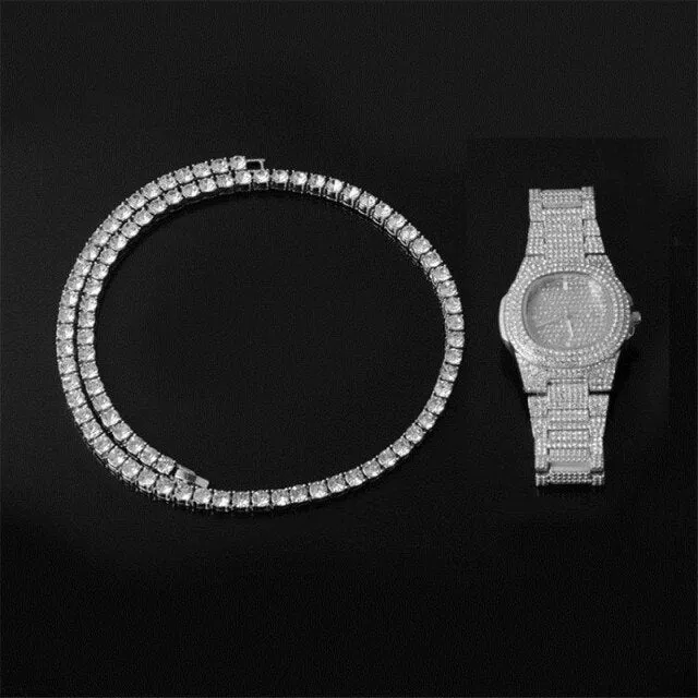 Iced Out Chain   Watch Bracelet Rhinestone Bling Crystal Tennis Chain Set For Men