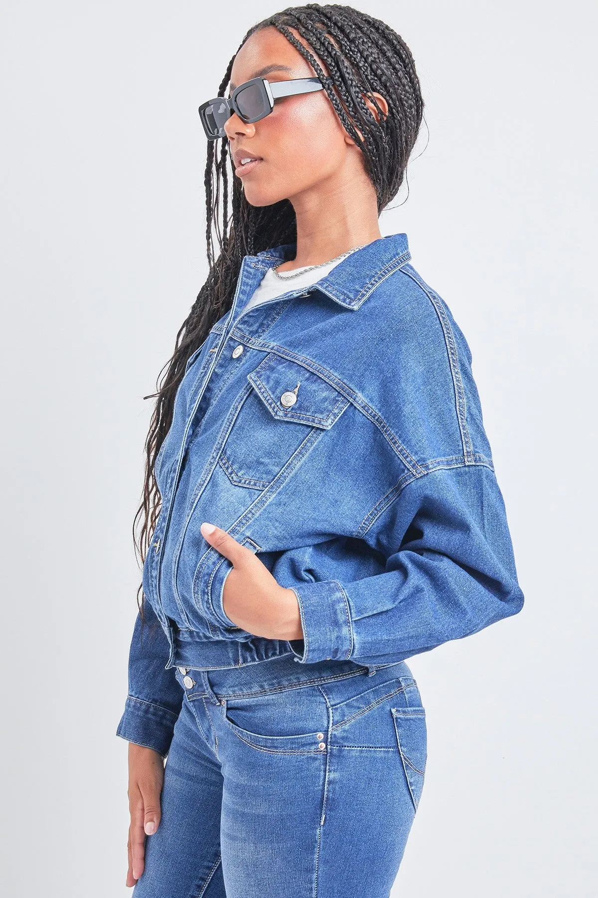 Juniors Fitted Dark Denim Jacket with Elastic Hem