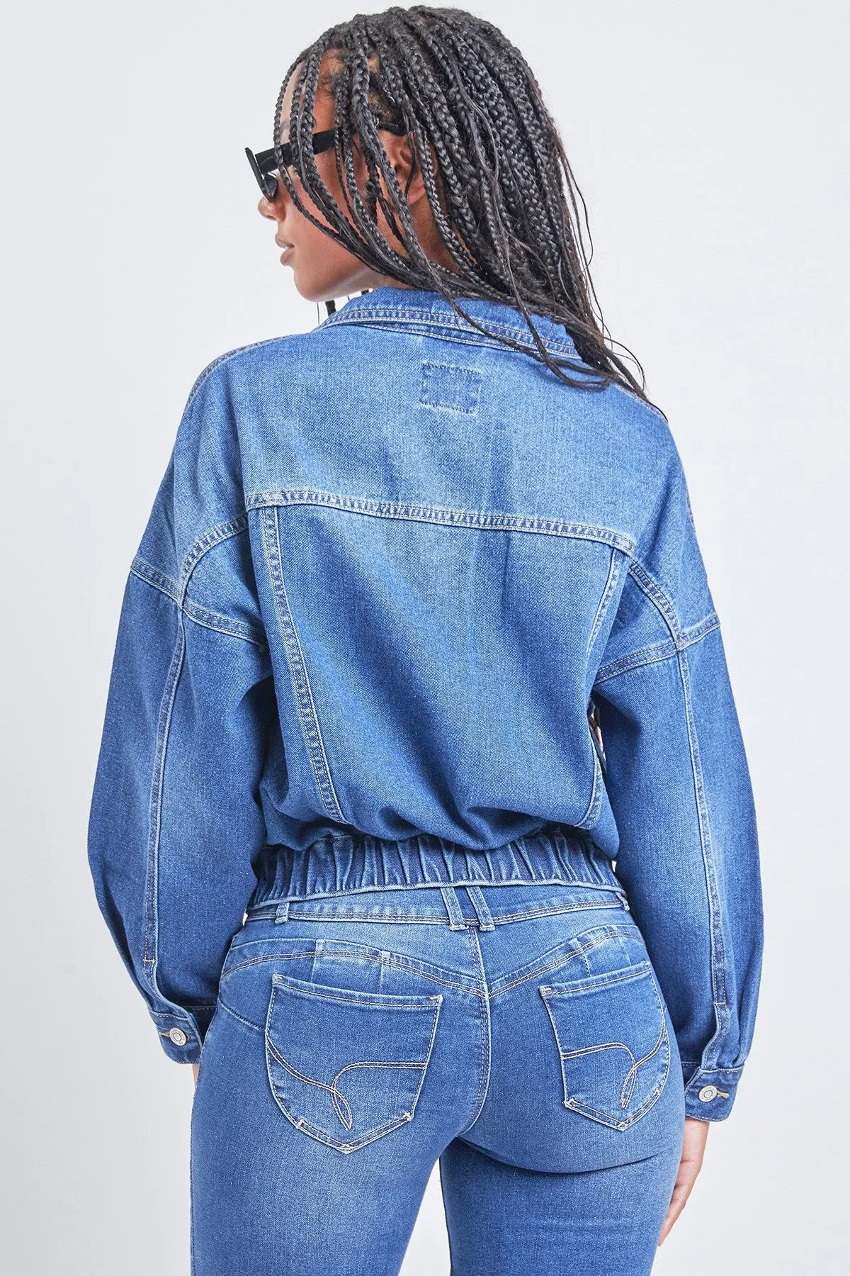 Juniors Fitted Dark Denim Jacket with Elastic Hem