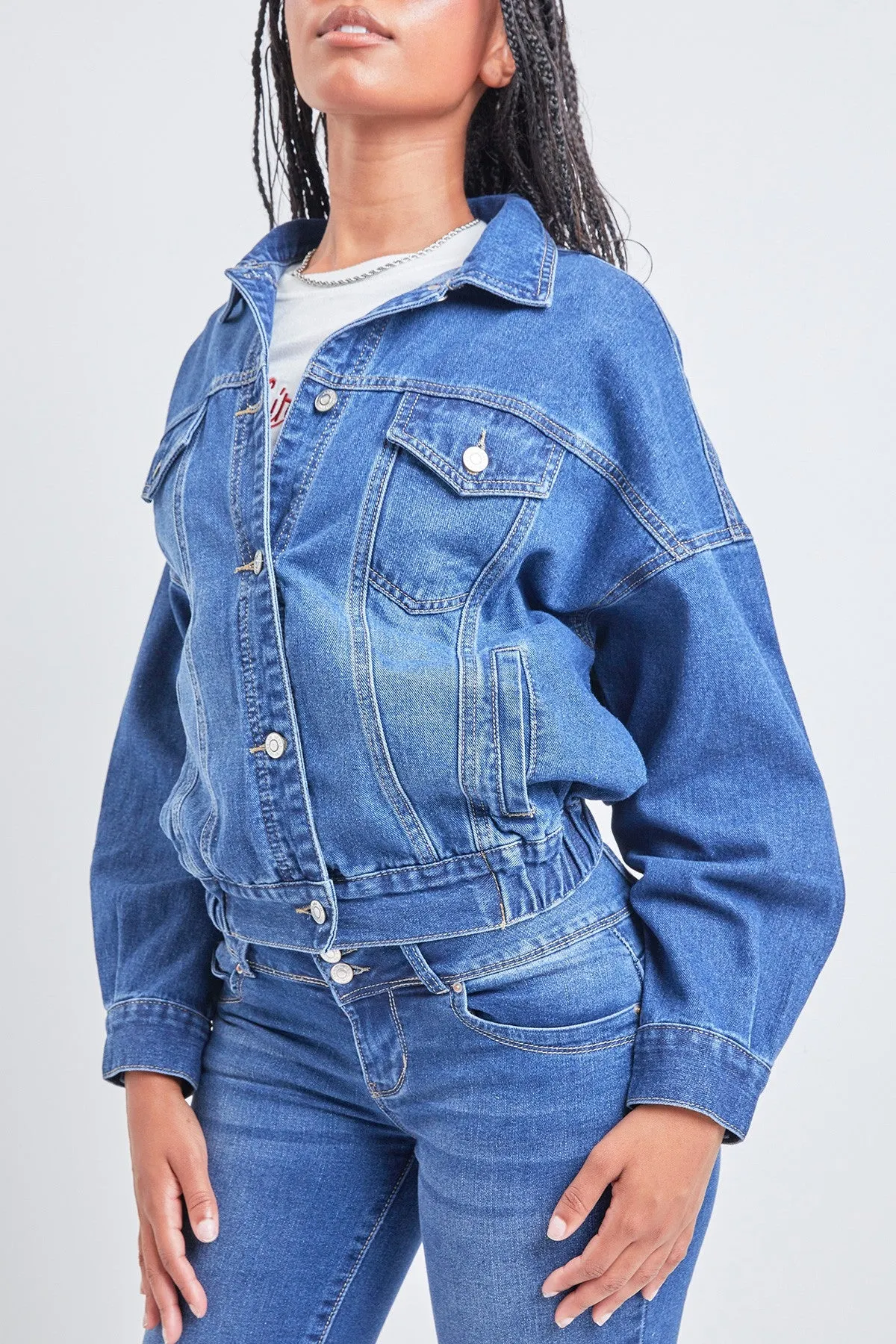 Juniors Fitted Dark Denim Jacket with Elastic Hem