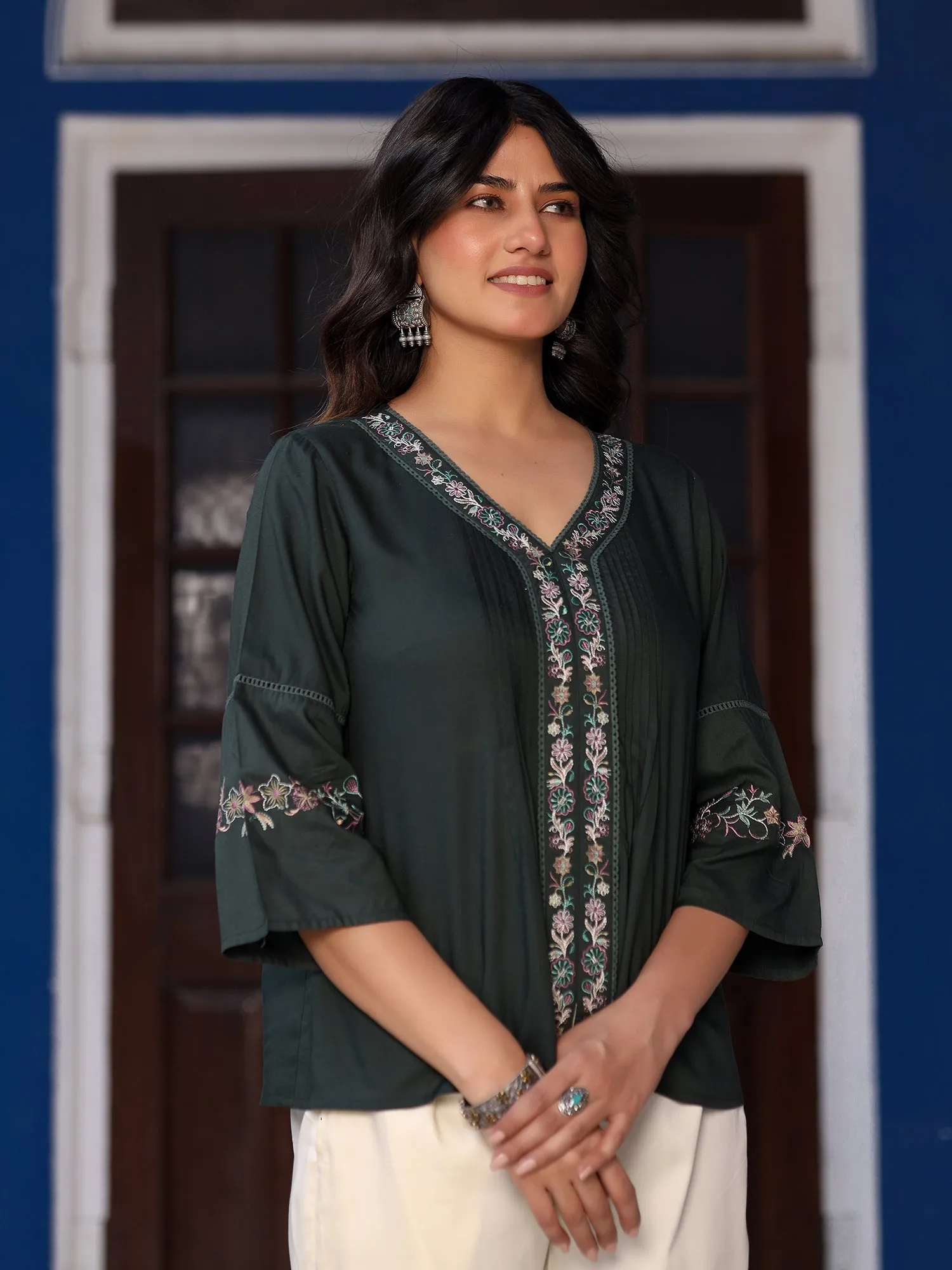 Juniper Green Floral Printed Modal Rayon Tunic With thread Work Embroidery