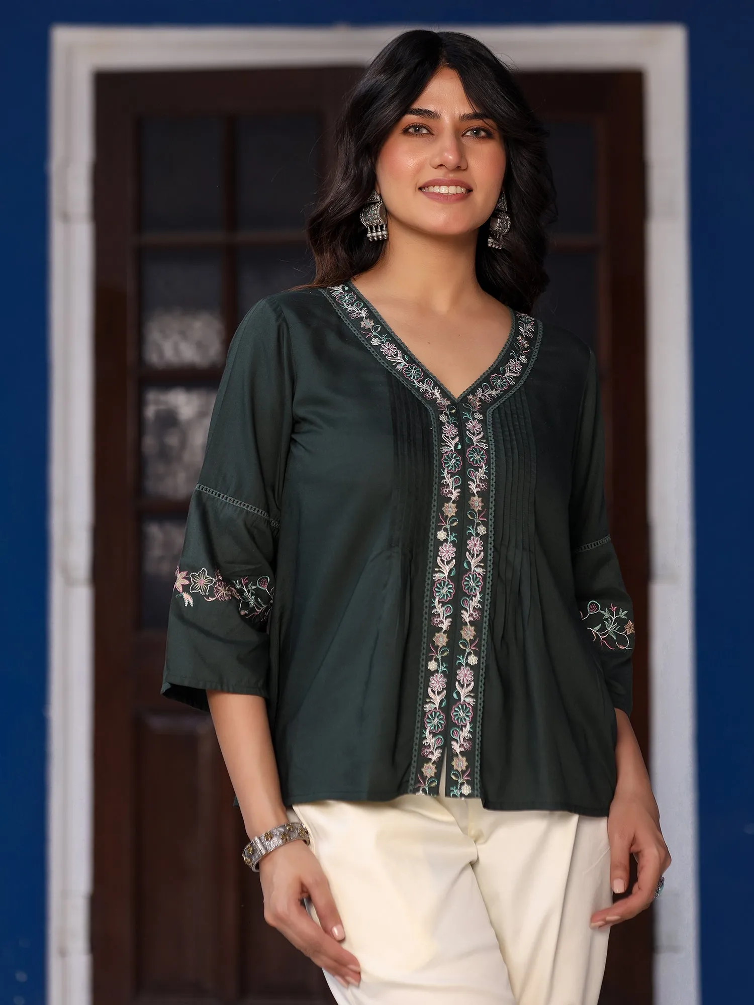 Juniper Green Floral Printed Modal Rayon Tunic With thread Work Embroidery