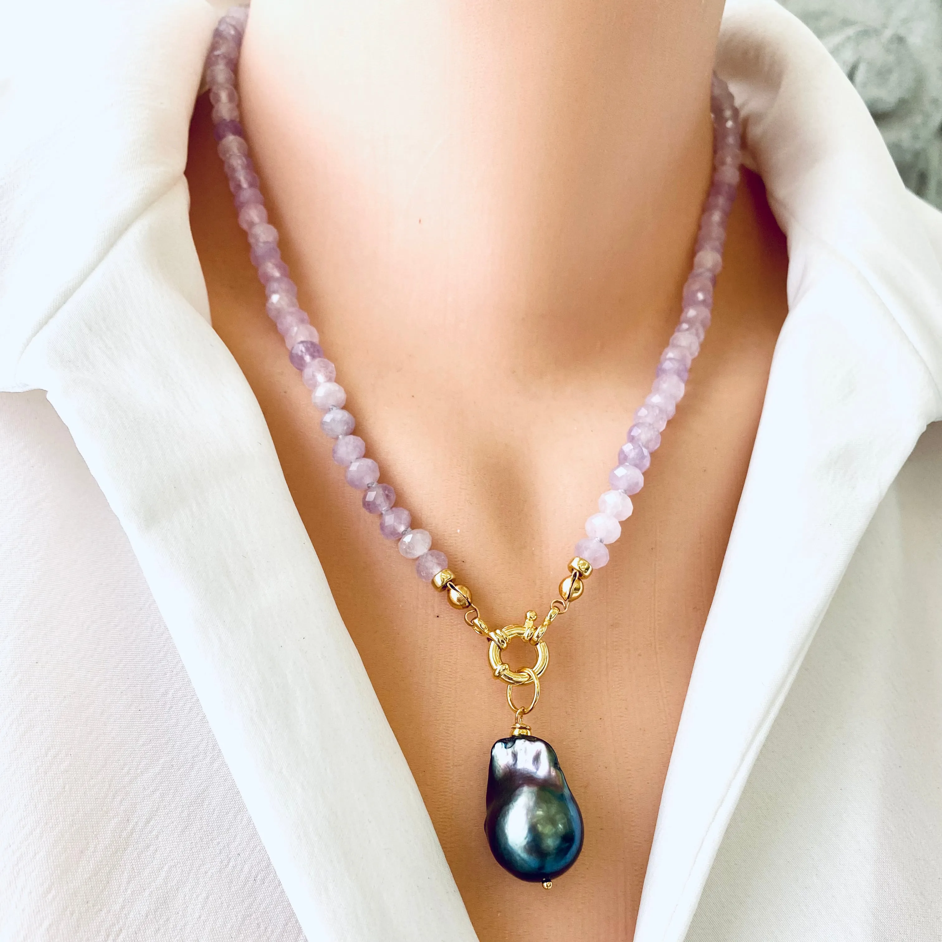 Lavender Amethyst Candy Necklace, Baroque Pearl Pendant, Gold Vermeil, February birthstone, 18.5