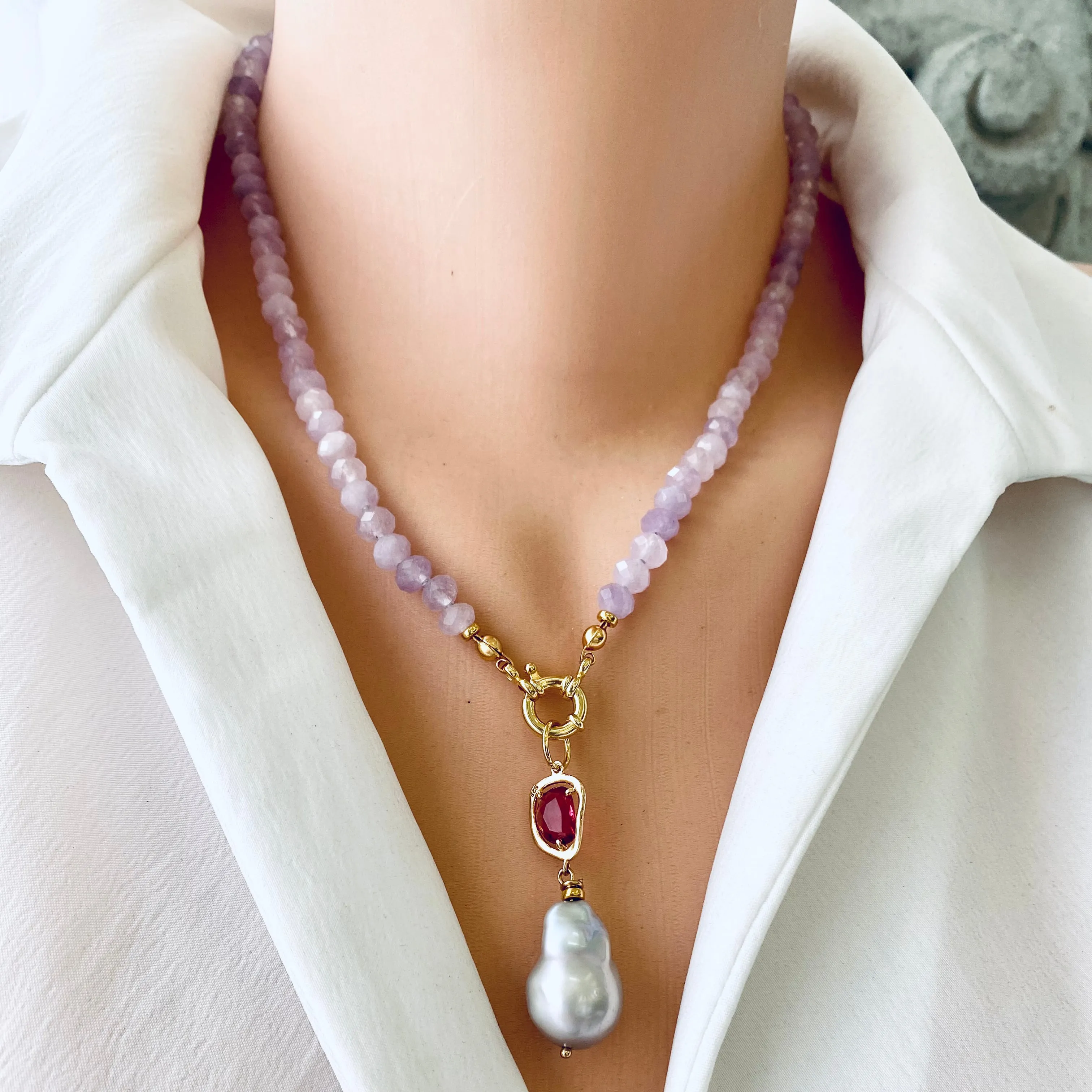 Lavender Amethyst Candy Necklace, Baroque Pearl Pendant, Gold Vermeil, February birthstone, 18.5