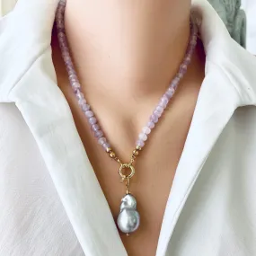 Lavender Amethyst Candy Necklace, Baroque Pearl Pendant, Gold Vermeil, February birthstone, 18.5