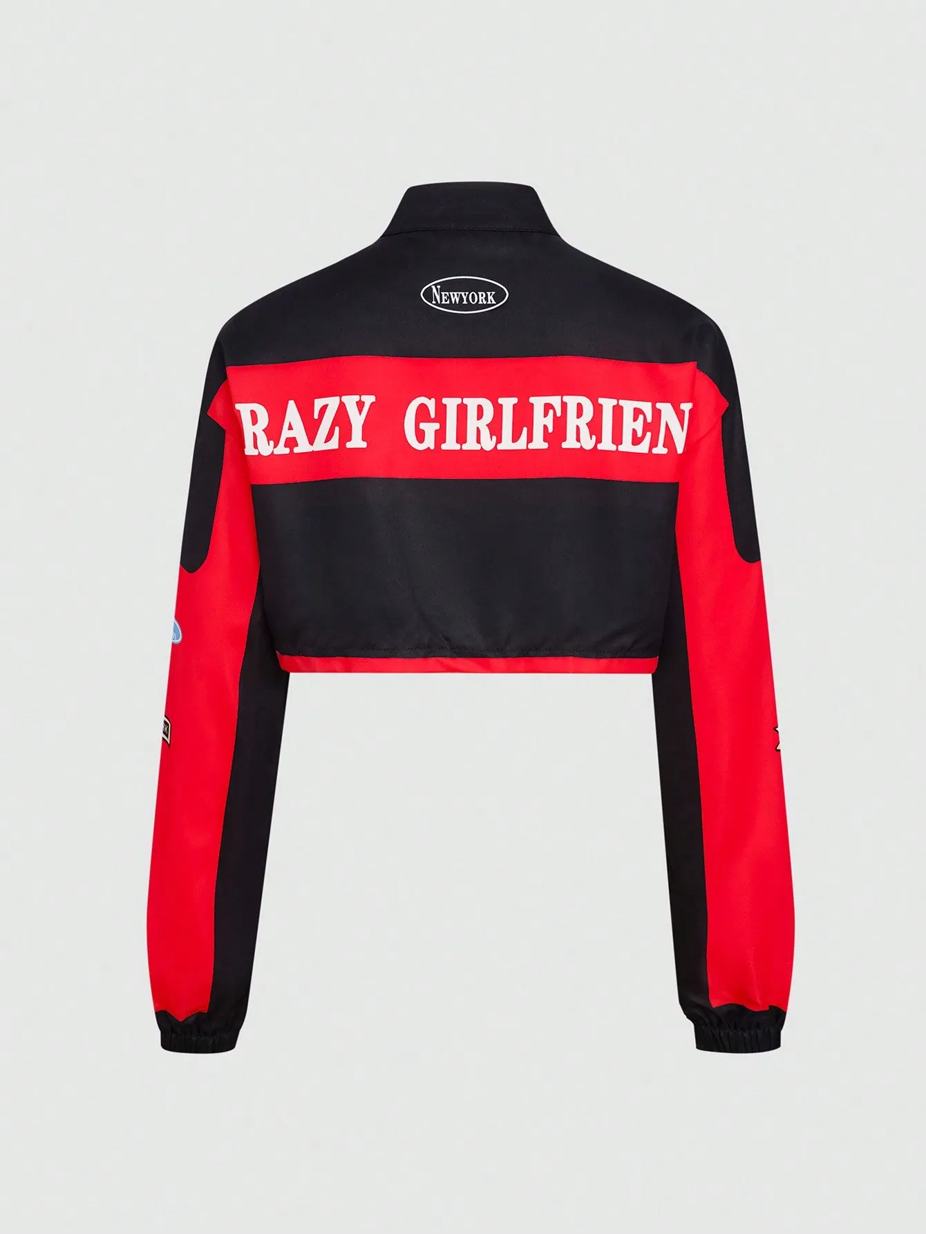 Letter Graphic Colorblock Crop Jacket