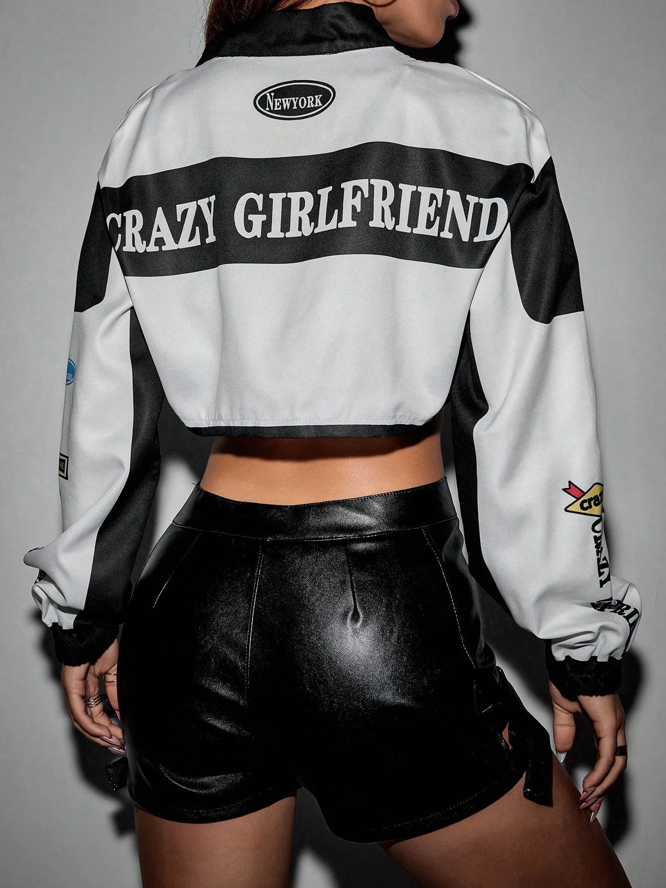 Letter Graphic Colorblock Crop Jacket