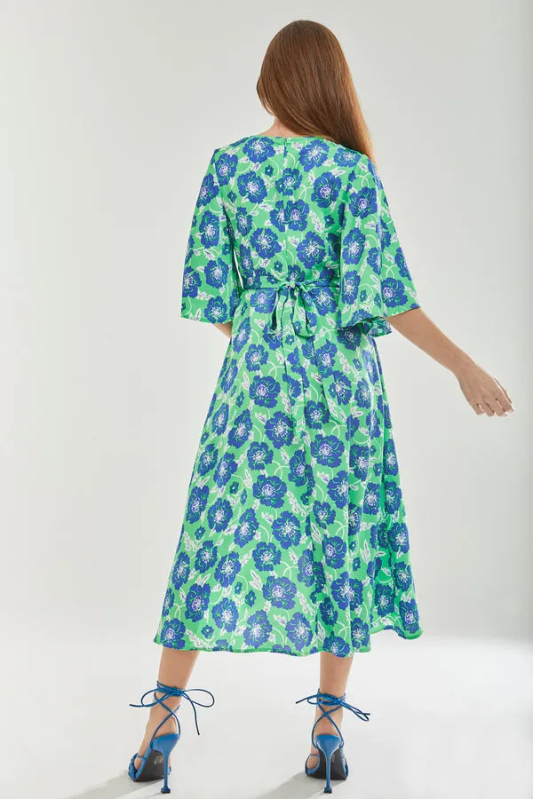 Liquorish Blue Floral Midi Wrap Dress Kimono Sleeves Green