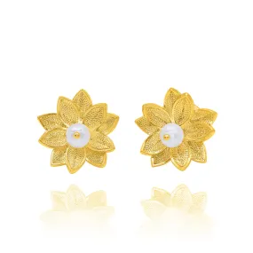 LOTUS PEARL GOLD STUD EARRINGS FILIGREE