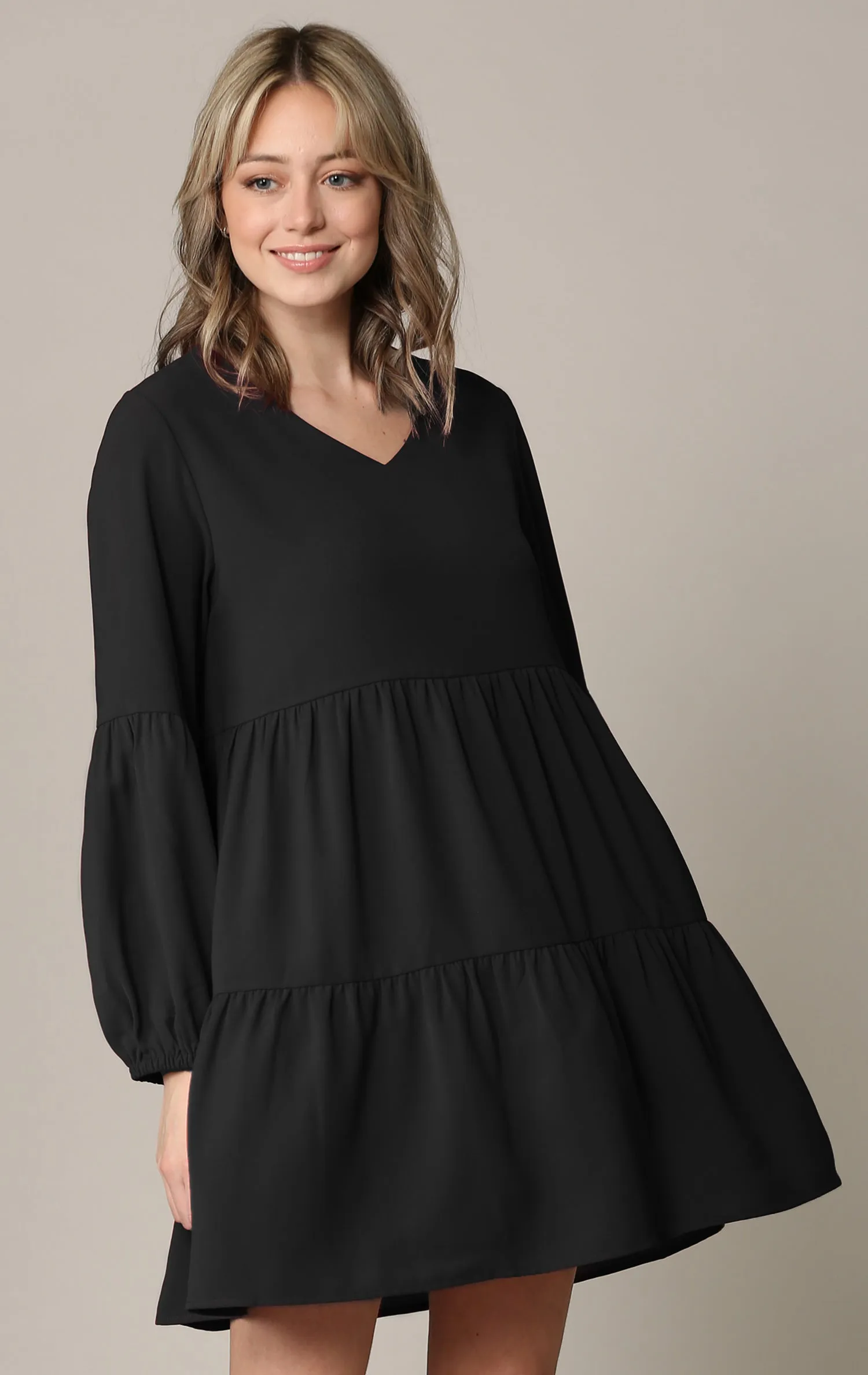 Made By Johnny Casual Flowy Swing Shift Long Sleeve Tiered Dress