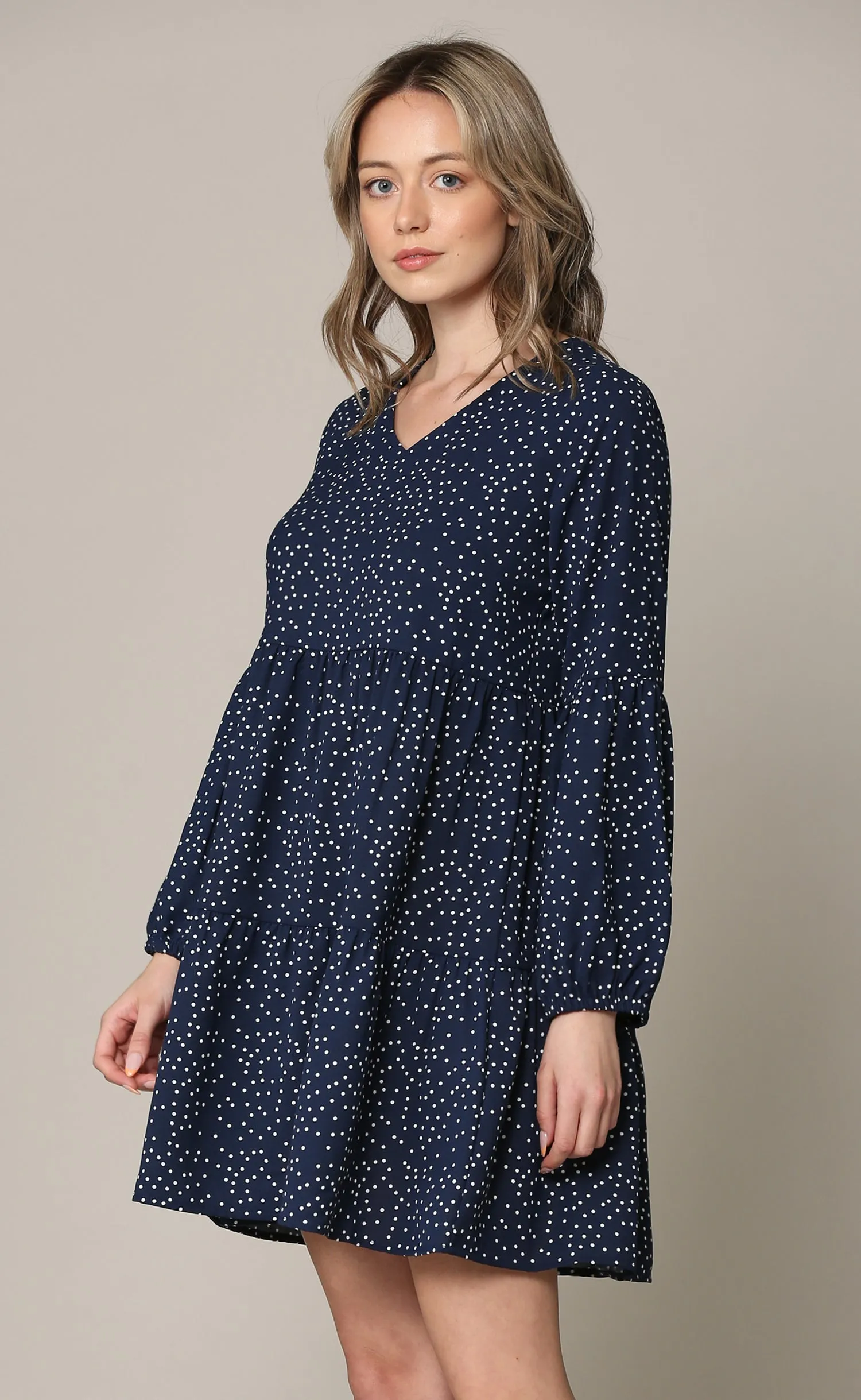 Made By Johnny Casual Flowy Swing Shift Long Sleeve Tiered Dress