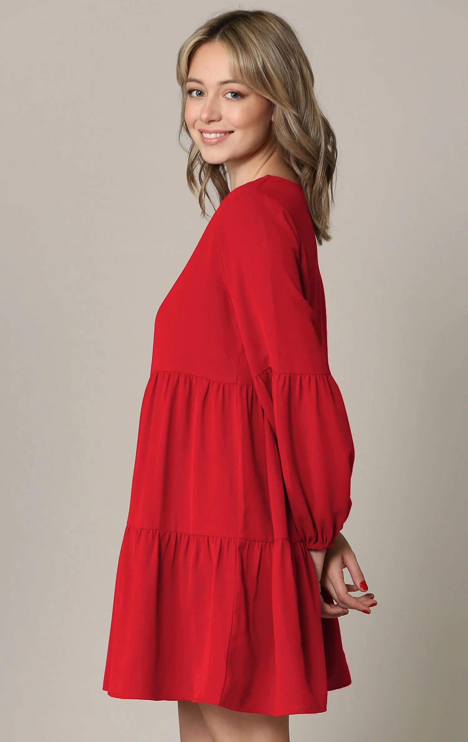 Made By Johnny Casual Flowy Swing Shift Long Sleeve Tiered Dress