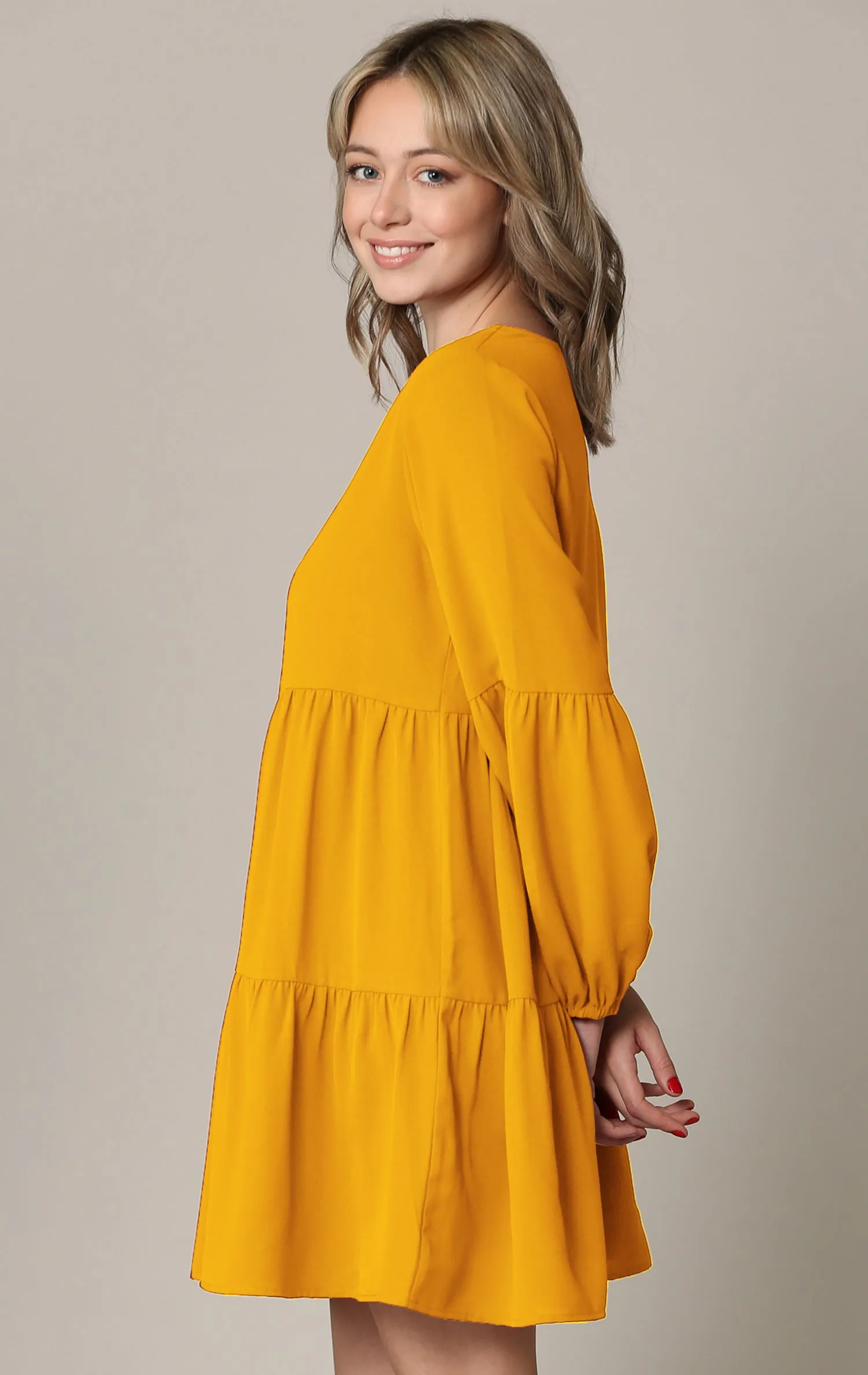 Made By Johnny Casual Flowy Swing Shift Long Sleeve Tiered Dress