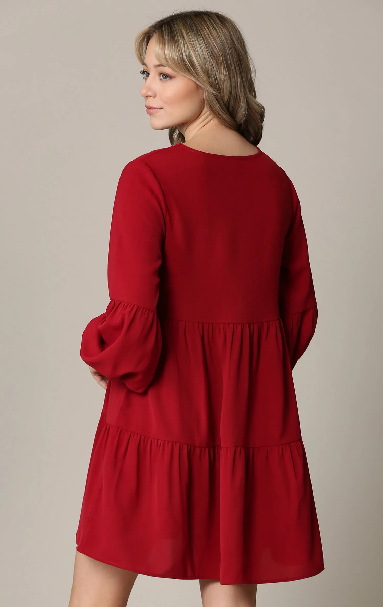 Made By Johnny Casual Flowy Swing Shift Long Sleeve Tiered Dress