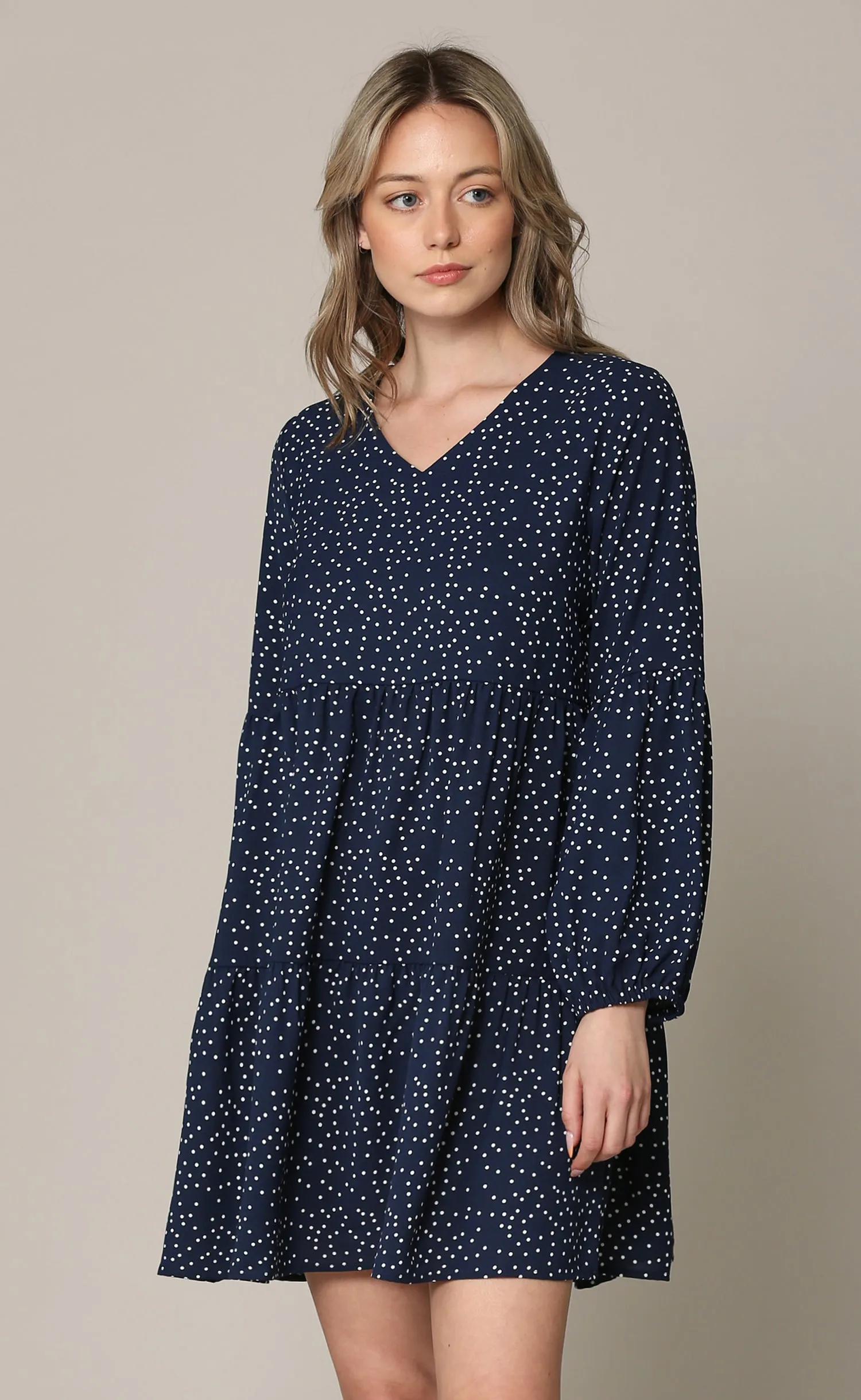 Made By Johnny Casual Flowy Swing Shift Long Sleeve Tiered Dress