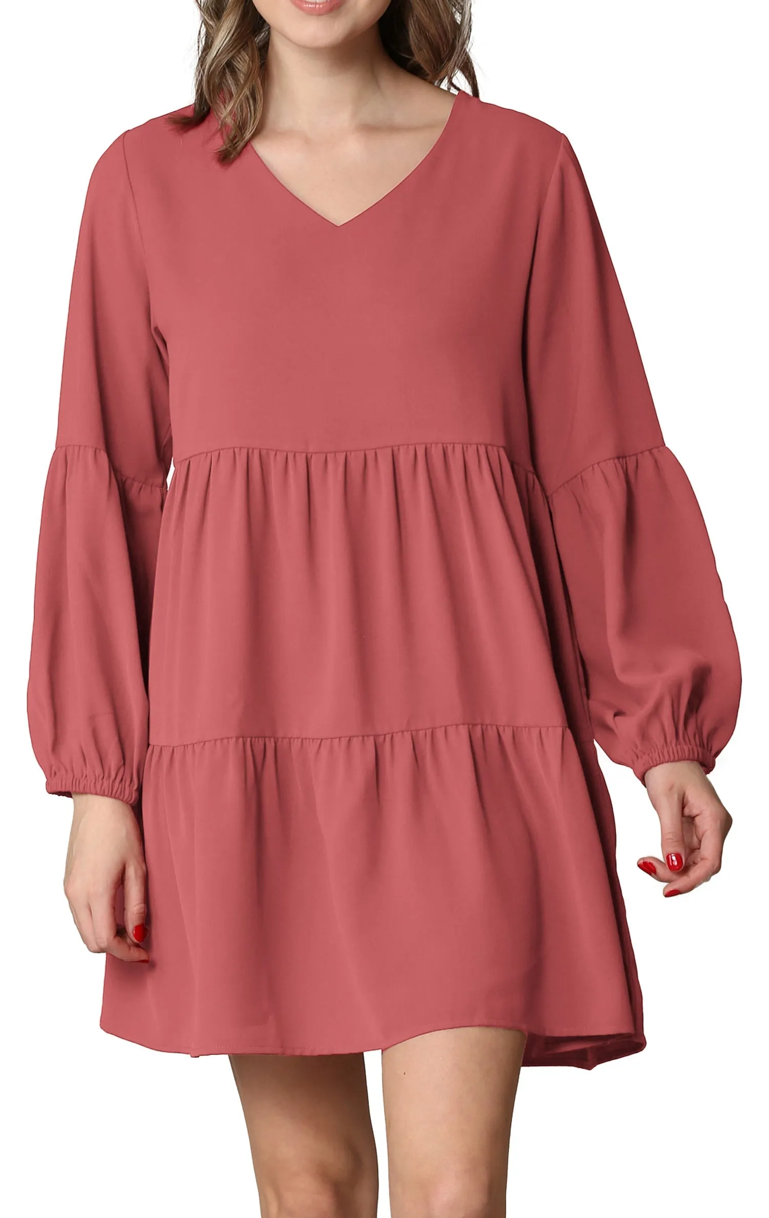 Made By Johnny Casual Flowy Swing Shift Long Sleeve Tiered Dress